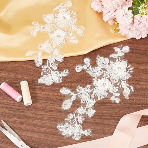 Gorgecraft 2pcs 3d الزهور الأزهار المطرزة من الدانتيل زين خياطة على بقع القطع بريق الترتر من ذوي الأزهار الزهرية مصحوبة بالزخرفة لخياطة ملابس الزفاف سروال جينز كيس أبيض in Kuwait