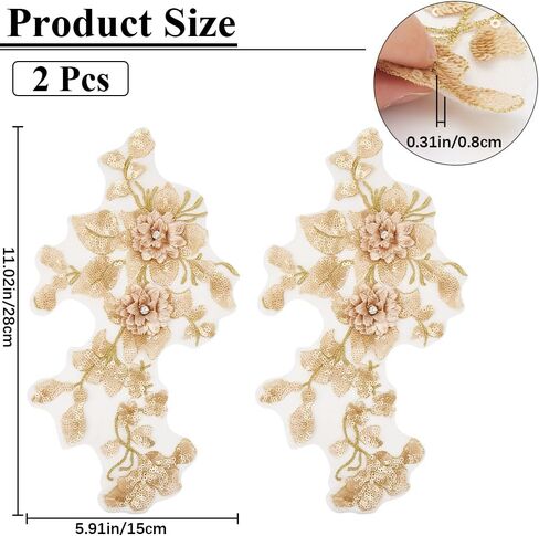 Gorgecraft 2pcs 3d الزهور الأزهار المطرزة من الدانتيل زين خياطة على بقع القطع بريق الترتر من ذوي الأزهار الزهرية مصحوبة بالزخرفة لخياطة ملابس الزفاف سروال جينز كيس أبيض in Kuwait