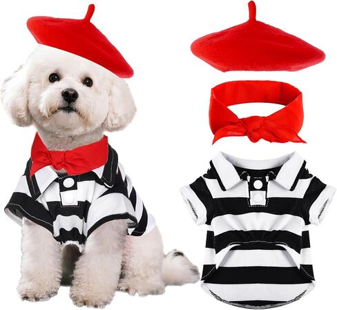 hoyuwak Halloween Artist Small Dog Costume Including Funny Black and White Striped Shirt Red Beret Bandana for Small Puppy Cat Halloween Cosplay Party in Saudi Arabia