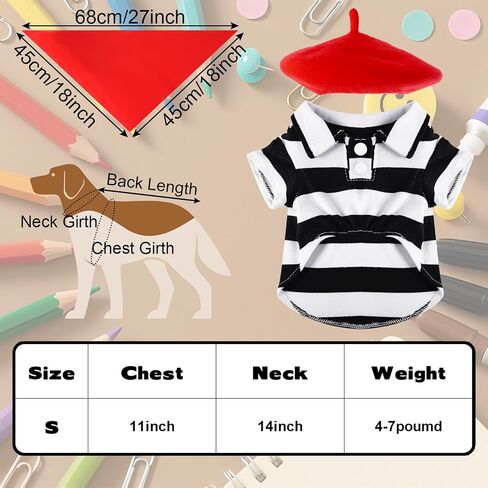 hoyuwak Halloween Artist Small Dog Costume Including Funny Black and White Striped Shirt Red Beret Bandana for Small Puppy Cat Halloween Cosplay Party in Saudi Arabia
