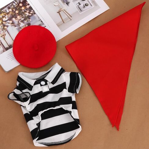 hoyuwak Halloween Artist Small Dog Costume Including Funny Black and White Striped Shirt Red Beret Bandana for Small Puppy Cat Halloween Cosplay Party in Saudi Arabia