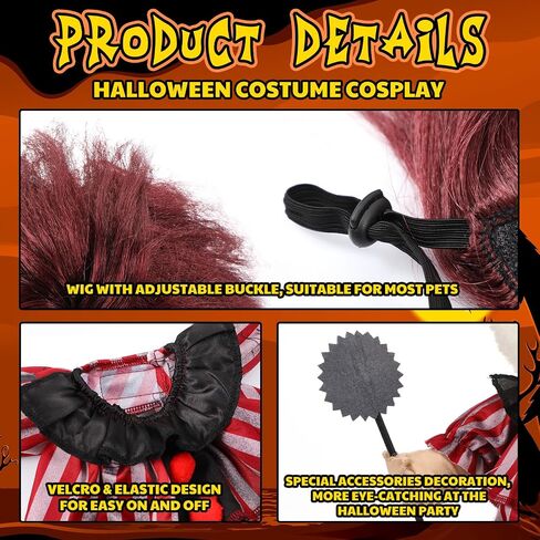 2 PCS Halloween Dog Clown Costume Red Striped Cosplay الزي مع شعر مستعار للكلاب المتوسطة أزياء الحيوانات الأليفة مضحكة لباس هالوين حفلة in Kuwait