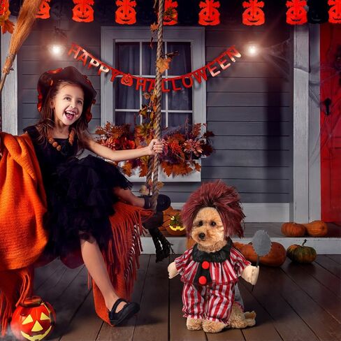 2 PCS Halloween Dog Clown Costume Red Striped Cosplay الزي مع شعر مستعار للكلاب المتوسطة أزياء الحيوانات الأليفة مضحكة لباس هالوين حفلة in Kuwait