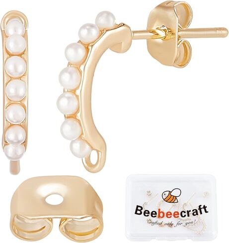 Beebeecraft 10Pcs/Box Pearl Earring Findings 18K Gold Plated Brass Rectangle Earring with 925 Sterling Silver Pins and 10Pcs Buterfly Ear Backs for DIY Earring Jewelry Making, 0.55in in Saudi Arabia