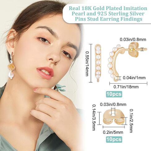 Beebeecraft 10Pcs/Box Pearl Earring Findings 18K Gold Plated Brass Rectangle Earring with 925 Sterling Silver Pins and 10Pcs Buterfly Ear Backs for DIY Earring Jewelry Making, 0.55in in Saudi Arabia