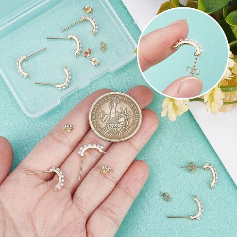 Beebeecraft 10Pcs/Box Pearl Earring Findings 18K Gold Plated Brass Rectangle Earring with 925 Sterling Silver Pins and 10Pcs Buterfly Ear Backs for DIY Earring Jewelry Making, 0.55in in Saudi Arabia