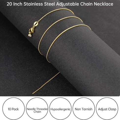 Gtvoodx 10pcs 18K الذهب مطلي بالذهول سلسلة الأفعى قلادة من الفولاذ المقاوم للصدأ 1 ملم قلادة قابلة للتعديل مع سدادات مطاطية لصنع المجوهرات 20 بوصة in Kuwait