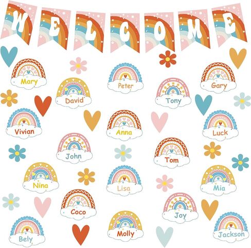 73 PCS Retro Boho Welcome Back to School Bulletin Board Set Groovy Banner Poster Cutouts Motivational Rainbow Theme Name Tags Decorations for Classroom Wall Decors Teacher Supplies in Saudi Arabia