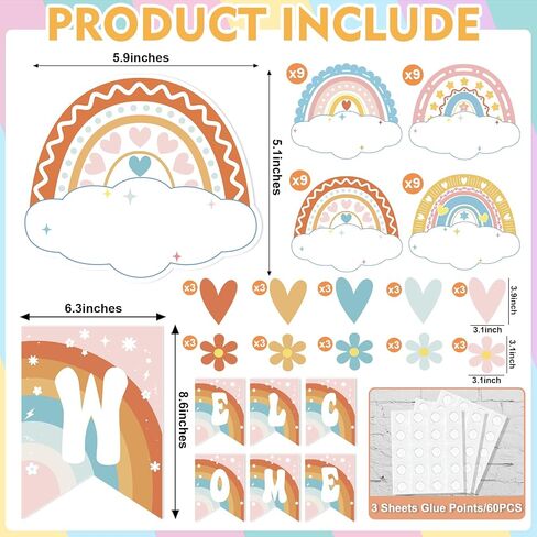 73 PCS Retro Boho Welcome Back to School Bulletin Board Set Groovy Banner Poster Cutouts Motivational Rainbow Theme Name Tags Decorations for Classroom Wall Decors Teacher Supplies in Saudi Arabia