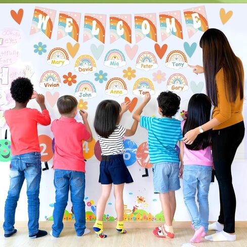 73 PCS Retro Boho Welcome Back to School Bulletin Board Set Groovy Banner Poster Cutouts Motivational Rainbow Theme Name Tags Decorations for Classroom Wall Decors Teacher Supplies in Saudi Arabia