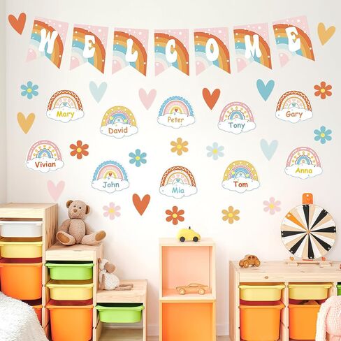 73 PCS Retro Boho Welcome Back to School Bulletin Board Set Groovy Banner Poster Cutouts Motivational Rainbow Theme Name Tags Decorations for Classroom Wall Decors Teacher Supplies in Saudi Arabia