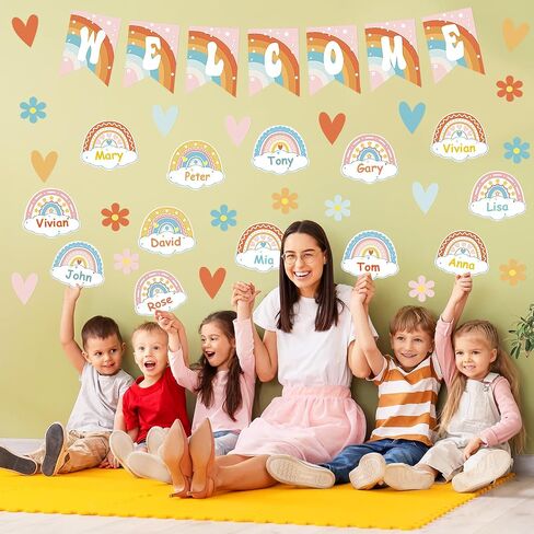 73 PCS Retro Boho Welcome Back to School Bulletin Board Set Groovy Banner Poster Cutouts Motivational Rainbow Theme Name Tags Decorations for Classroom Wall Decors Teacher Supplies in Saudi Arabia