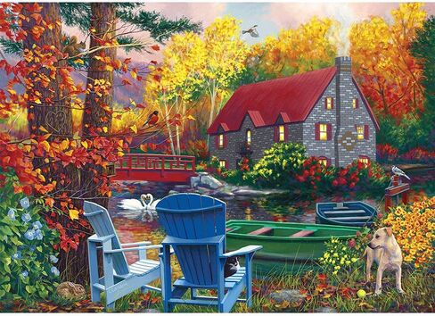 Bits and Pieces – 500 Piece Jigsaw Puzzle for Adults – by The Lake in The Fall - Autumn Leaves Cabin Dog Tree Row Boats Forest Nature Jigsaw Puzzle by Artist Chantal Candon in Saudi Arabia