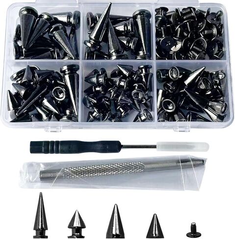 NQJNQJ 80 Pcs Punk Spikes and Studs Kit, Metal Cone Spike Studs Rivets 4 Sizes for DIY Punk Crafts, Belts, Shoes, Clothing, Leather Jackets (Gun Metal) in Kuwait