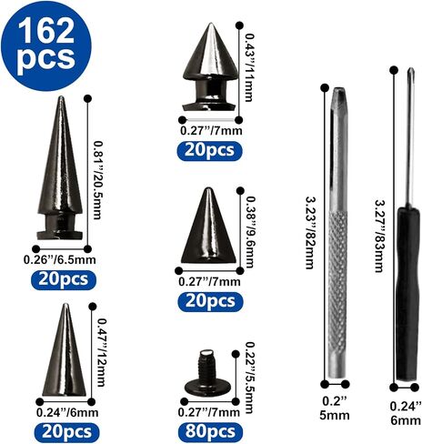 NQJNQJ 80 Pcs Punk Spikes and Studs Kit, Metal Cone Spike Studs Rivets 4 Sizes for DIY Punk Crafts, Belts, Shoes, Clothing, Leather Jackets (Gun Metal) in Kuwait