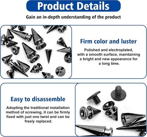 NQJNQJ 80 Pcs Punk Spikes and Studs Kit, Metal Cone Spike Studs Rivets 4 Sizes for DIY Punk Crafts, Belts, Shoes, Clothing, Leather Jackets (Gun Metal) in Kuwait