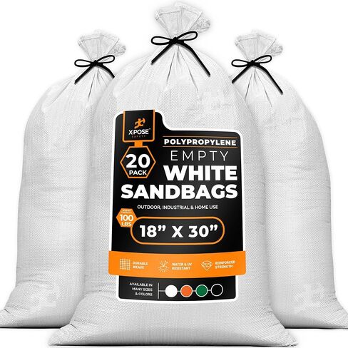 Xpose Safety Heavy Duty Sand Bags with Tie Strings – Empty Woven Polypropylene Sandbags for Hurricane Flood Protection, 100 lb Capacity, 18" x 30", White, Pack of 100 in Saudi Arabia
