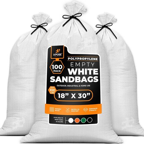 Xpose Safety Heavy Duty Sand Bags with Tie Strings – Empty Woven Polypropylene Sandbags for Hurricane Flood Protection, 100 lb Capacity, 18" x 30", White, Pack of 100 in Saudi Arabia