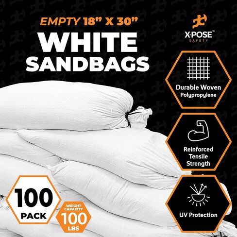 Xpose Safety Heavy Duty Sand Bags with Tie Strings – Empty Woven Polypropylene Sandbags for Hurricane Flood Protection, 100 lb Capacity, 18" x 30", White, Pack of 100 in Saudi Arabia