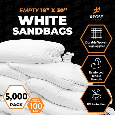 Xpose Safety Heavy Duty Sand Bags with Tie Strings – Empty Woven Polypropylene Sandbags for Hurricane Flood Protection, 100 lb Capacity, 18" x 30", White, Pack of 100 in Saudi Arabia