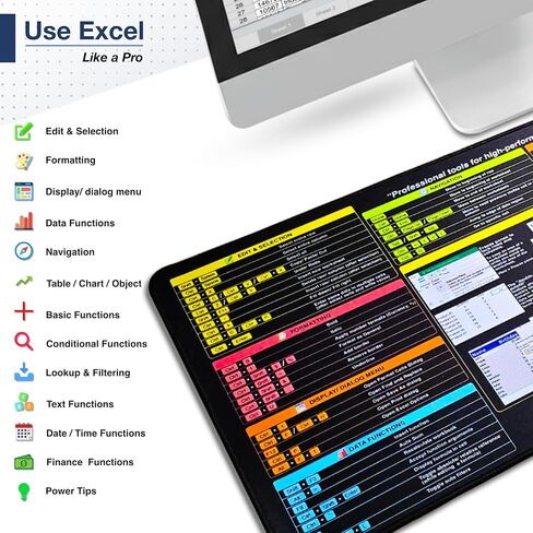 Excel اختصارات مفاتيح لوحة الماوس - حصيرة مكتب كبيرة لسطح المكتب 31.5 "x11.8" - Excel Cheat Sheet Desk Pad - Office Desk Office & Mousepad - جودة طباعة متميزة - لوحة مكتب الألعاب in Saudi Arabia