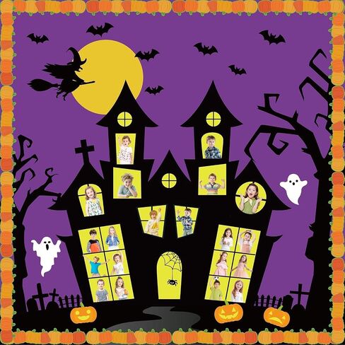 Halloween Classroom Bulletin Board Decoration Set Halloween DIY Photo Craft Castle Pumpkin Witch Bat Moon Paper Cutouts for School Offices Classroom Chalkboard Wall Holiday Decor Supplies in Saudi Arabia