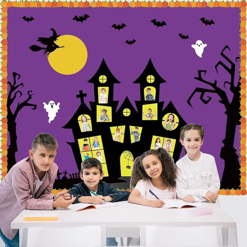 Halloween Classroom Bulletin Board Decoration Set Halloween DIY Photo Craft Castle Pumpkin Witch Bat Moon Paper Cutouts for School Offices Classroom Chalkboard Wall Holiday Decor Supplies in Saudi Arabia