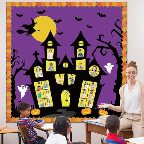 Halloween Classroom Bulletin Board Decoration Set Halloween DIY Photo Craft Castle Pumpkin Witch Bat Moon Paper Cutouts for School Offices Classroom Chalkboard Wall Holiday Decor Supplies in Saudi Arabia