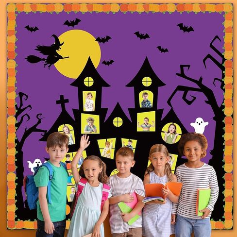 Halloween Classroom Bulletin Board Decoration Set Halloween DIY Photo Craft Castle Pumpkin Witch Bat Moon Paper Cutouts for School Offices Classroom Chalkboard Wall Holiday Decor Supplies in Saudi Arabia