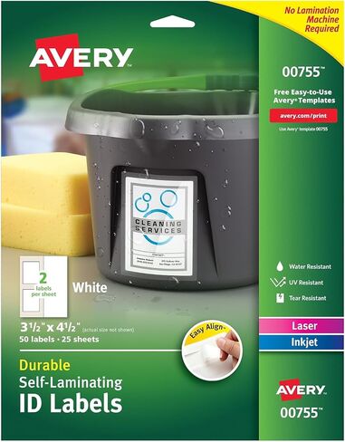 Avery 00755 Easy Align Self-Laminating ID Labels, Laser/Inkjet, 3 1/2 x 4 1/2, White, 50/PK in Saudi Arabia