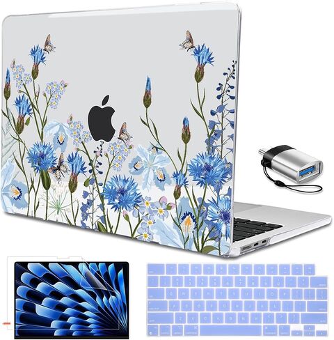 for M4 MacBook Air 15 inch Case A3241 2025 2024 2023 M3 A3114 M2 A2941 Liquid Retina Display & Touch ID, Printed Pattern Plastic Hard Keyboard Cover Screen Protector, Tropical Blue Flowers in Kuwait