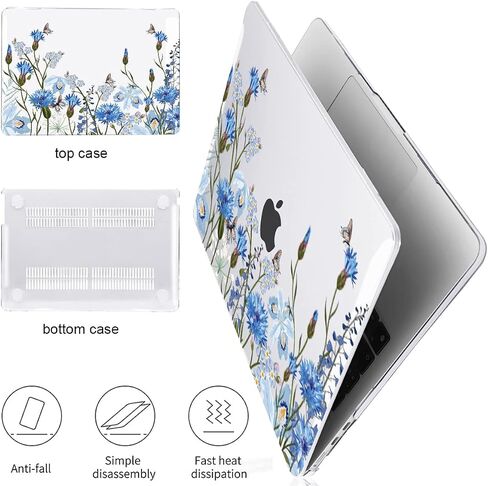 for M4 MacBook Air 15 inch Case A3241 2025 2024 2023 M3 A3114 M2 A2941 Liquid Retina Display & Touch ID, Printed Pattern Plastic Hard Keyboard Cover Screen Protector, Tropical Blue Flowers in Kuwait