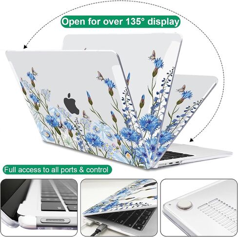 for M4 MacBook Air 15 inch Case A3241 2025 2024 2023 M3 A3114 M2 A2941 Liquid Retina Display & Touch ID, Printed Pattern Plastic Hard Keyboard Cover Screen Protector, Tropical Blue Flowers in Kuwait