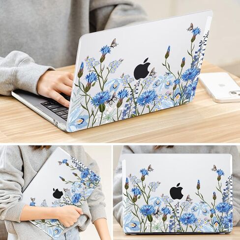 for M4 MacBook Air 15 inch Case A3241 2025 2024 2023 M3 A3114 M2 A2941 Liquid Retina Display & Touch ID, Printed Pattern Plastic Hard Keyboard Cover Screen Protector, Tropical Blue Flowers in Kuwait