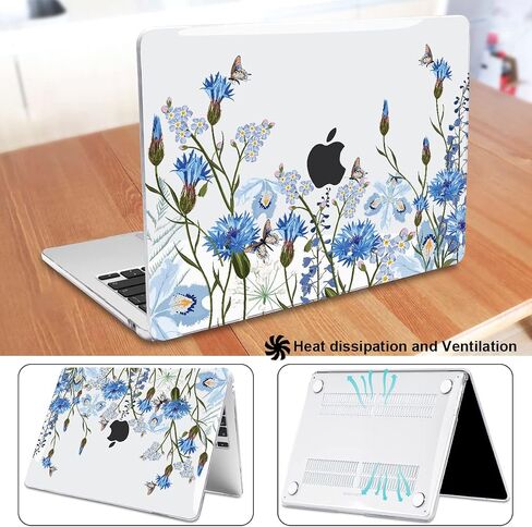 for M4 MacBook Air 15 inch Case A3241 2025 2024 2023 M3 A3114 M2 A2941 Liquid Retina Display & Touch ID, Printed Pattern Plastic Hard Keyboard Cover Screen Protector, Tropical Blue Flowers in Kuwait