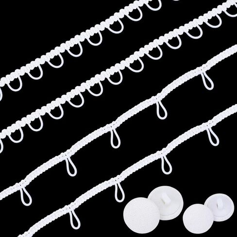 2 Pcs 9 Yards White Elastic Braid Fringe Tassel Buttonhole Loops Trim Ribbon with 40Pcs Cloth Fabric Covered Buttons for Sewing Making Bridal Wedding Dress Clothes Decor DIY Craft Supply in Saudi Arabia