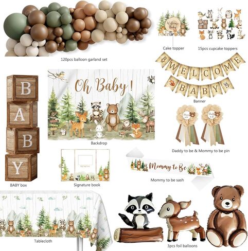 Woodland Animals Baby Shower Decoration Party Supplies, Forest Animal Neutral Gender Reveal Party Decorations, Backdrop Balloon Arch Box Mom to Be Sash Dad to Be Pin Tablecloths Cake Topper in Saudi Arabia
