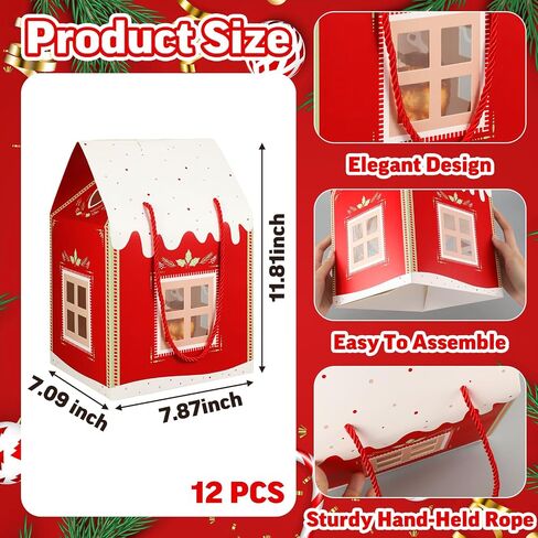 Ammostingspark 12 حزمة صناديق هدايا كبيرة على شكل منزل مع مقبض 11.8 × 7.9 × 7 بوصات صندوق حلوى عطلة كبير ، وكيل عقاري هدية على شكل ورقة الورق الحلي عيد الميلاد الزخارف in Saudi Arabia
