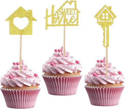 24 PCS زخارف كب كيك منزلية حلوة ، منزل دخن من المنزل ، حفلات الذهب كب كيك أعلى قبعات بريق مفتاح Housewarming Cupcaking in Saudi Arabia