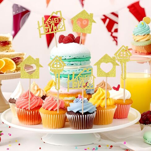24 PCS زخارف كب كيك منزلية حلوة ، منزل دخن من المنزل ، حفلات الذهب كب كيك أعلى قبعات بريق مفتاح Housewarming Cupcaking in Saudi Arabia