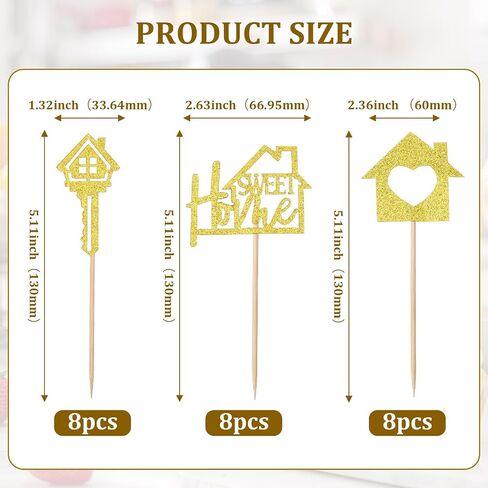 24 PCS زخارف كب كيك منزلية حلوة ، منزل دخن من المنزل ، حفلات الذهب كب كيك أعلى قبعات بريق مفتاح Housewarming Cupcaking in Saudi Arabia