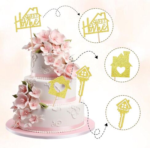 24 PCS زخارف كب كيك منزلية حلوة ، منزل دخن من المنزل ، حفلات الذهب كب كيك أعلى قبعات بريق مفتاح Housewarming Cupcaking in Saudi Arabia