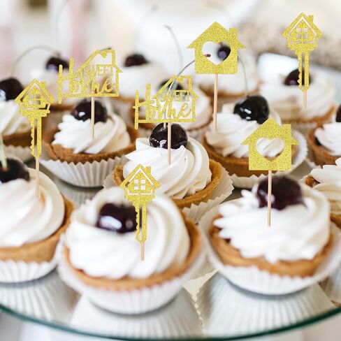 24 PCS زخارف كب كيك منزلية حلوة ، منزل دخن من المنزل ، حفلات الذهب كب كيك أعلى قبعات بريق مفتاح Housewarming Cupcaking in Saudi Arabia