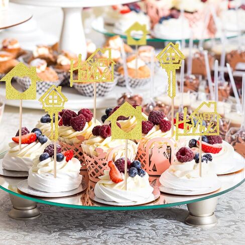 24 PCS زخارف كب كيك منزلية حلوة ، منزل دخن من المنزل ، حفلات الذهب كب كيك أعلى قبعات بريق مفتاح Housewarming Cupcaking in Saudi Arabia