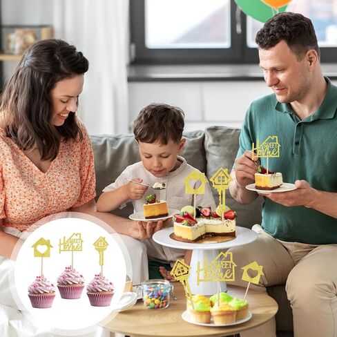 24 PCS زخارف كب كيك منزلية حلوة ، منزل دخن من المنزل ، حفلات الذهب كب كيك أعلى قبعات بريق مفتاح Housewarming Cupcaking in Saudi Arabia
