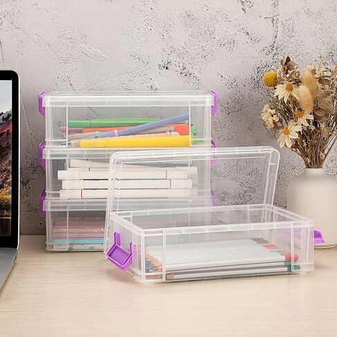 BTSKY 6 Pack Extra Large Capacity Plastic Pencil Box Stackable Clear Pencil Case Crayon Box Office Art Supplies Storage Organizer Box for Gel Pens Erasers Tape Pens Pencils Markers etc(Purple) in Saudi Arabia