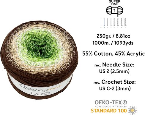 Leo Multicolor Gradient Ombre Yarn Cake for Knitting & Crochet - 250gr / 1094yds - (1) S.Fine, Sock, Fingering Weight Yarn (Orange, Green, Blue, 1 Cake Yarn) in Kuwait