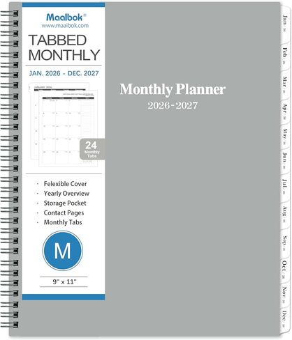2026-2027 Monthly Planner/Calendar - 2 Year Planner 2026-2027, Monthly Tabs, 9’’ × 11’’, Jan 2026 - Dec 2027, Hard Cover, Inner Pocket - Grey in Saudi Arabia