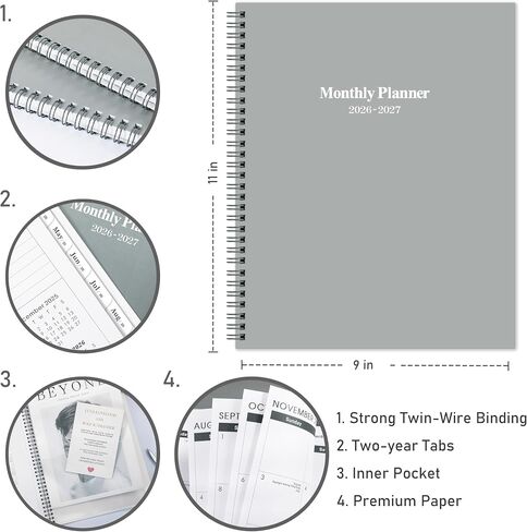 2026-2027 Monthly Planner/Calendar - 2 Year Planner 2026-2027, Monthly Tabs, 9’’ × 11’’, Jan 2026 - Dec 2027, Hard Cover, Inner Pocket - Grey in Saudi Arabia