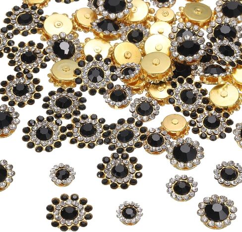HARFINGTON 100Pcs Sew on Rhinestones 8mm 10mm 12mm 14mm Crystals Glass Sewing Flower Claw Metal Base for Clothes Shoes Earring Belt Crafts, Black in Saudi Arabia
